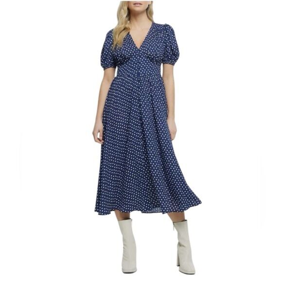 River Island Navy Blue Polka Dot Button Front Midi Dress NWT Size 6 - Picture 1 of 5